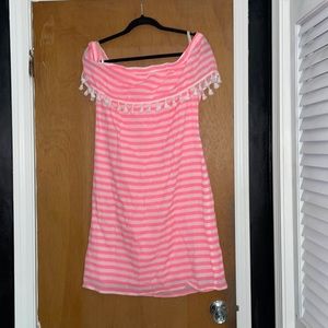 STS pink and white stripes off the sleeves with Pom-poms dress